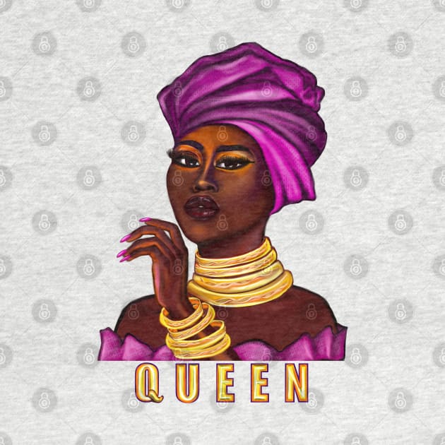 Queen - yass queen - Black is beautiful black girl with Gold bangles, neck ring necklace, purple dress and head wrap, brown eyes and dark brown skin ! by Artonmytee